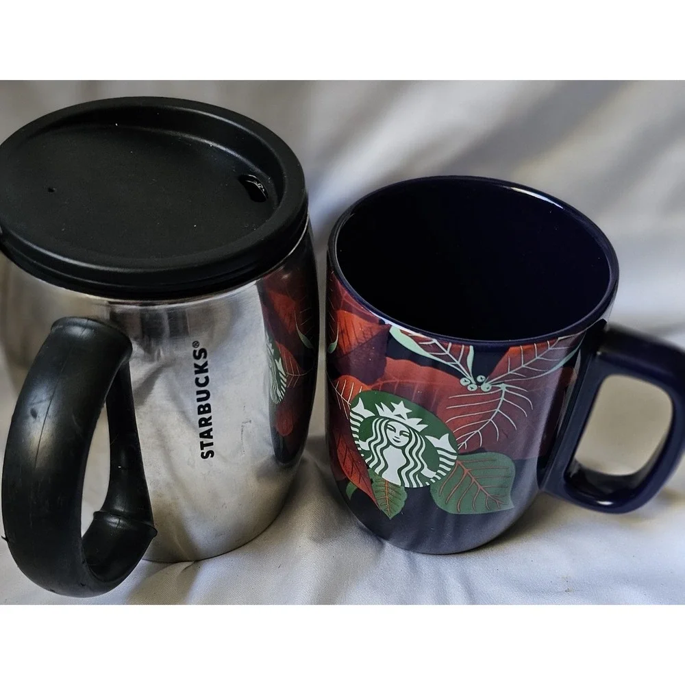 2 Starbucks: 2012 Stainless Barrel Hot/Cold & 2020 Xmas Navy Poinsettia Ceramic - Picture 1 of 15